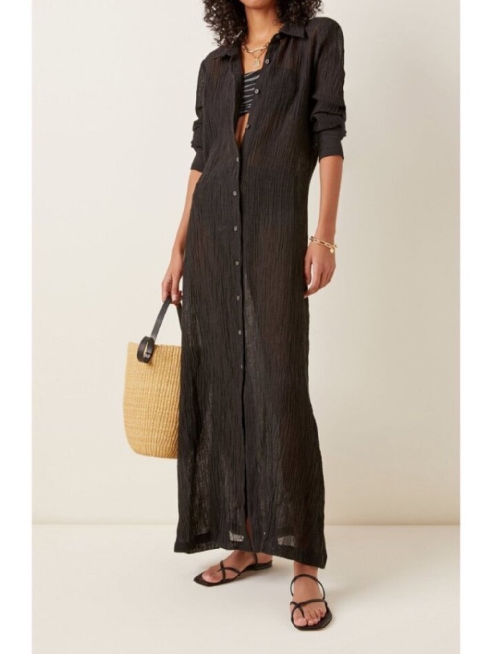 Mara Hoffman Sheer Black Maxi Shirt Dress Swim Coverup